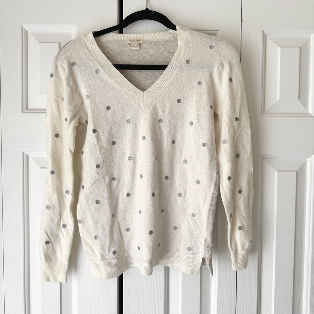 J.Crew Womens V-Neck Sweater Small Cream Grey Polka Dot Colorblock Knit Top